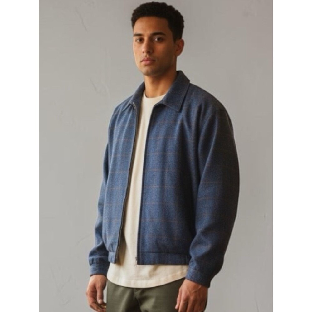 Vintage Majer Harrington Wool Bomber Jacket Sz M Blue Plaid Full Zip USA